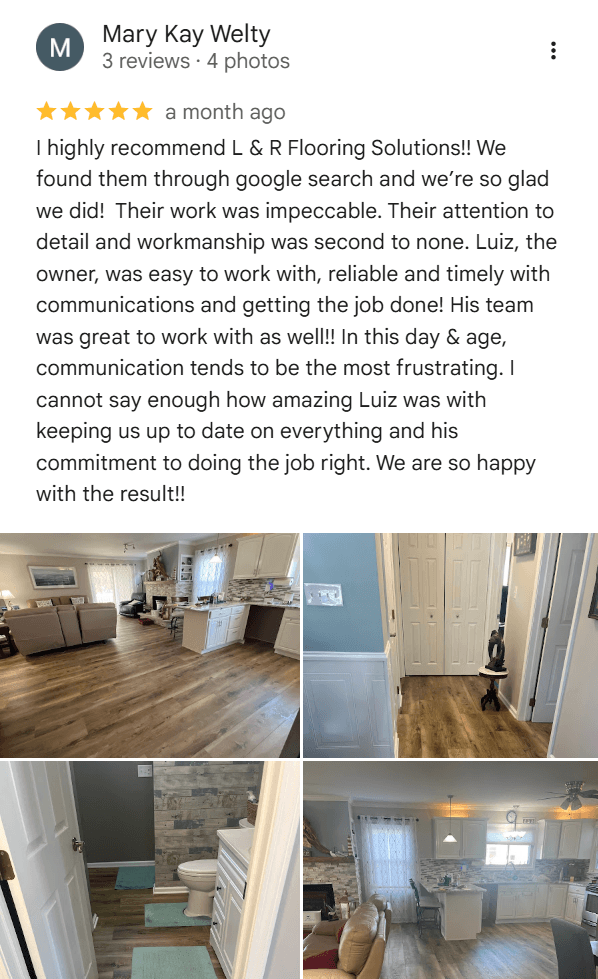Google review from Mary Kay Welty — 5 stars for L&R Flooring Solutions