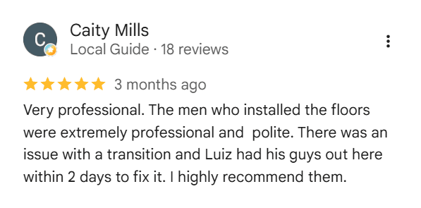 Google review from Caity Mills — 5 stars for L&R Flooring Solutions
