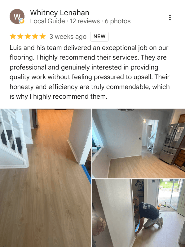 Google review from Whitney Lenahan — 5 stars for L&R Flooring Solutions