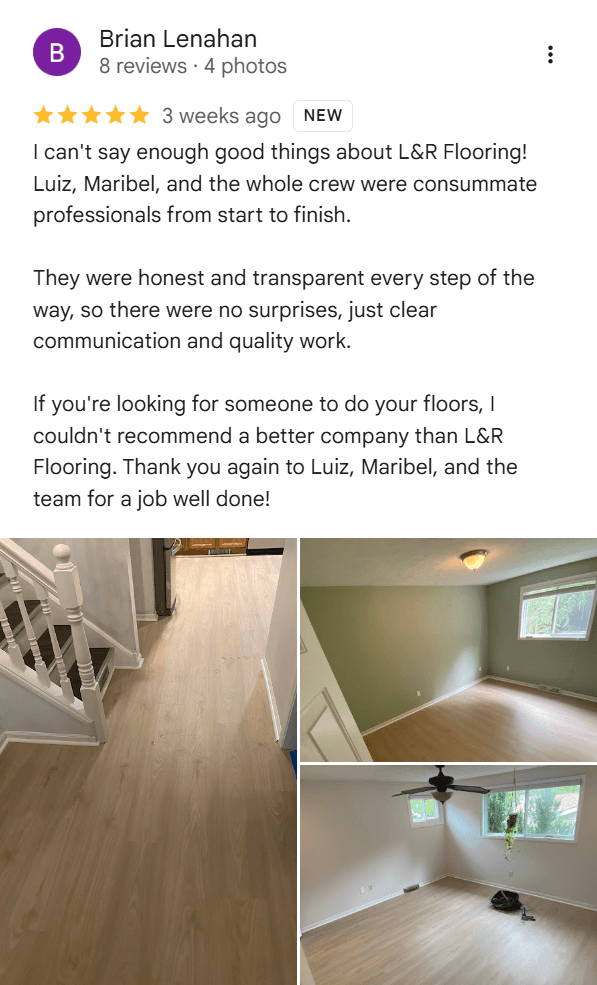 Google review from Brian Lenahan — 5 stars for L&R Flooring Solutions