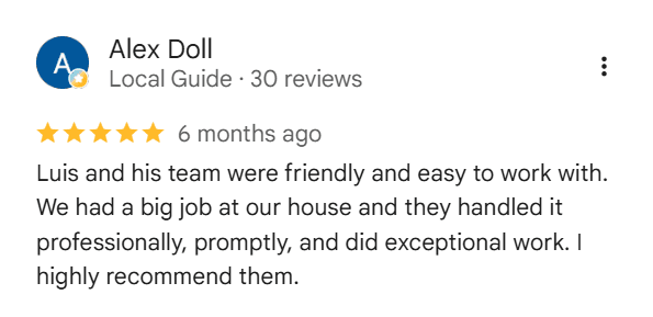Google review from Alex Doll — 5 stars for L&R Flooring Solutions