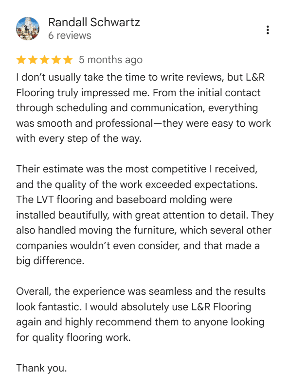 Google review from Randall Schwartz — 5 stars for L&R Flooring Solutions