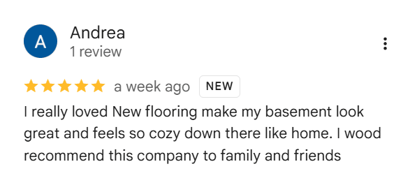 Google review from Andrea — 5 stars for L&R Flooring Solutions