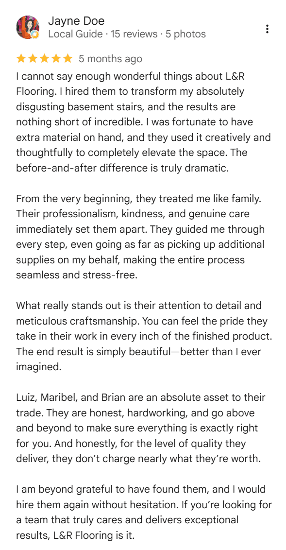 Google review from Jayne Doe — 5 stars for L&R Flooring Solutions